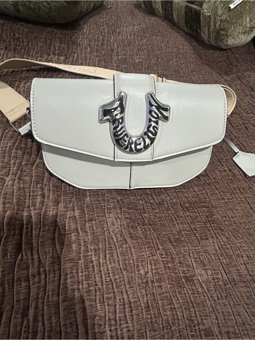 True Religion White Crossbody Bag with Silver Horseshoe Logo